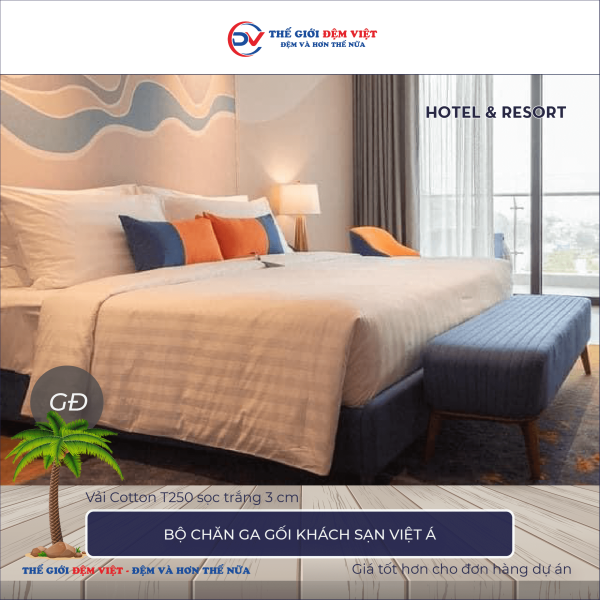 Bộ chăn ga gối khách sạn Việt Á vải Cotton T250 sọc trắng 3cm 6